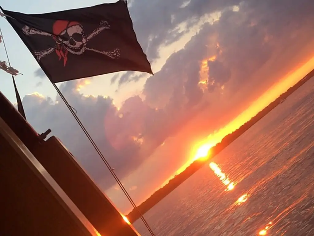 Jolly Roger flying at sunset during an adult pirate cruise in Brick, NJ