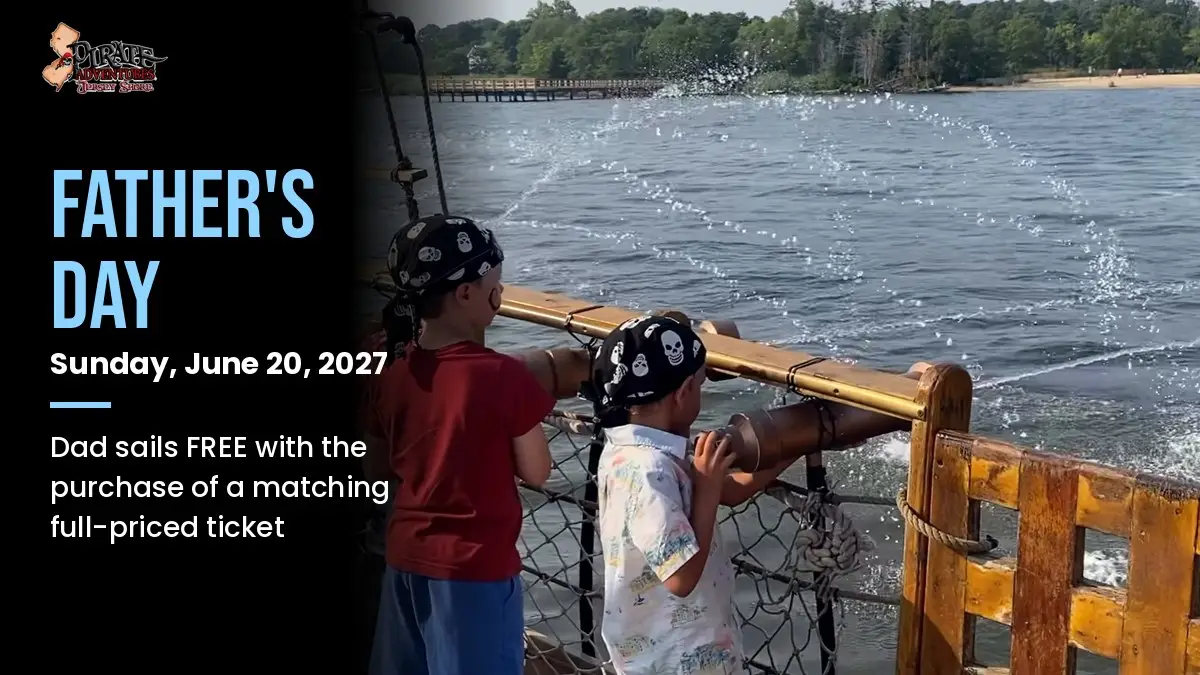 Father's Day pirate cruise June 20, 2027: kids in pirate bandanas at the water cannon rail of the Sea Gypsy II in Brick, NJ