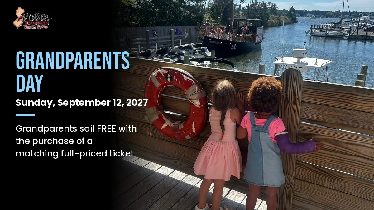 Grandparents Day pirate cruise September 12, 2027: two girls at the dock rail watching the Sea Gypsy II pirate ship in Brick, NJ